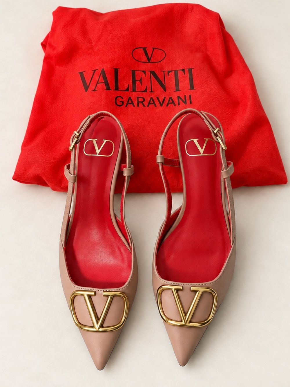 Valentino Garavani Nude/Taupe Pointed Slingback Pumps with Gold V Logo